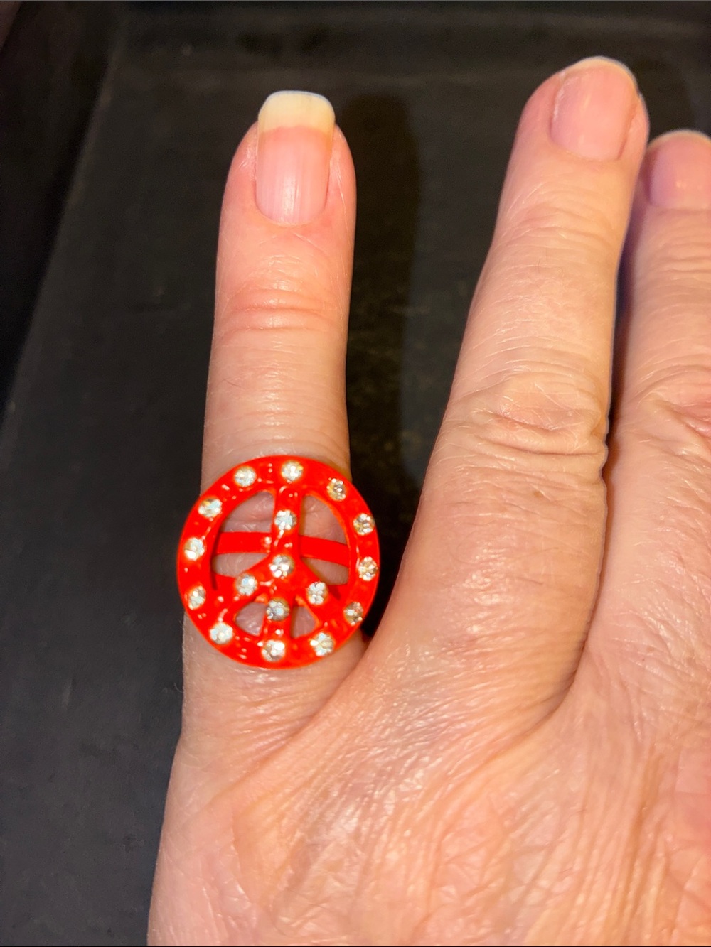 Bright Pink Peace Sign Ring with Crystal Accents-Adjustable Ring